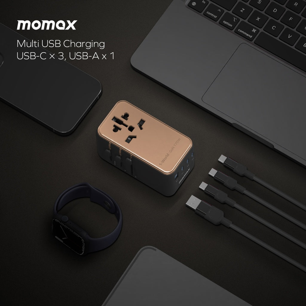 محول سفر Momax 1-World GaN بقدرة 170 واط | 4 منافذ + AC | تيتانيوم صحراوي محول سفر Momax 1-World GaN بقدرة 170 واط | 4 منافذ + AC | تيتانيوم صحراوي